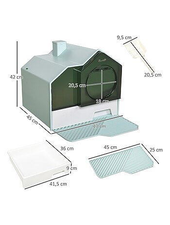 Maison de toilette chat design maisonnette porte battante pelle filtre tapis bleu