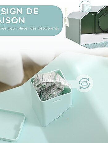 Maison de toilette chat design maisonnette porte battante pelle filtre tapis bleu