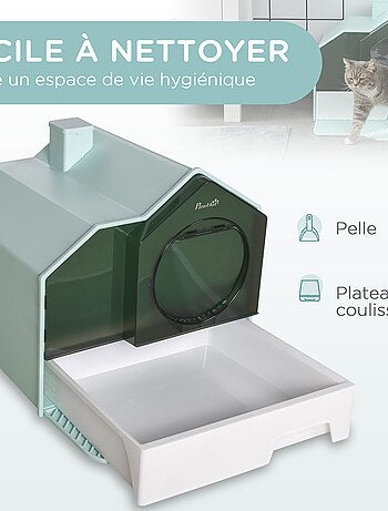 Maison de toilette chat design maisonnette porte battante pelle filtre tapis bleu