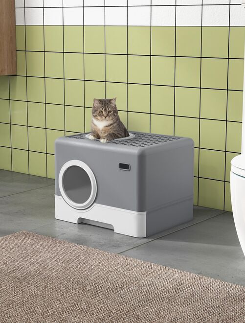Maison de toilette chat porte battante et haute pelle PP gris blanc - Kiabi