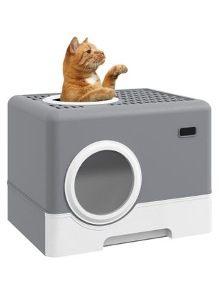 Maison de toilette chat porte battante et haute pelle PP gris blanc