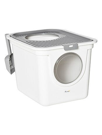 Maison de toilette portable pour chat avec pelle blanc gris