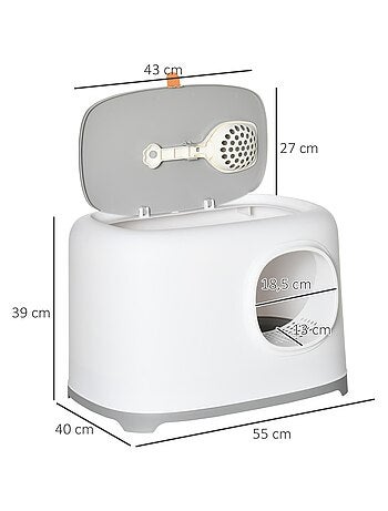 Maison de toilette pour chat avec pelle 2 portes blanc gris clair