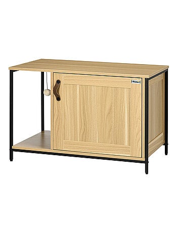 Maison de toilette pour chat style industriel acier noir aspect bois clair