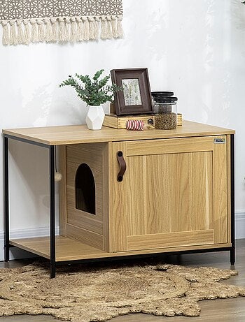 Maison de toilette pour chat style industriel acier noir aspect bois clair