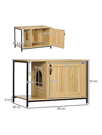 Maison de toilette pour chat style industriel acier noir aspect bois clair