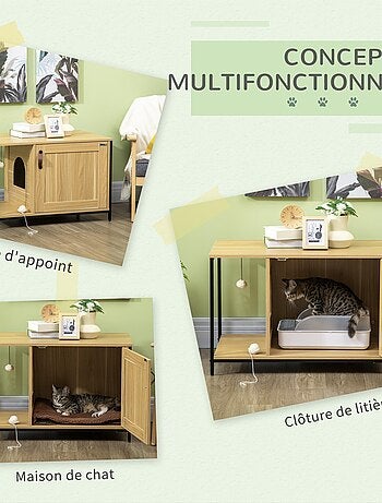 Maison de toilette pour chat style industriel acier noir aspect bois clair