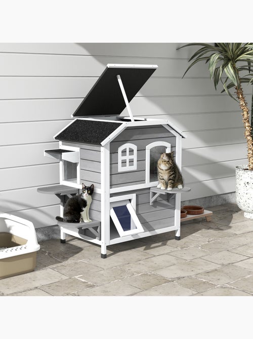 Maison extérieur chat en bois 2 étages 3 plateformes gris - Kiabi Maison extérieur chat en bois 2 étages 3 plateformes gris - Kiabi