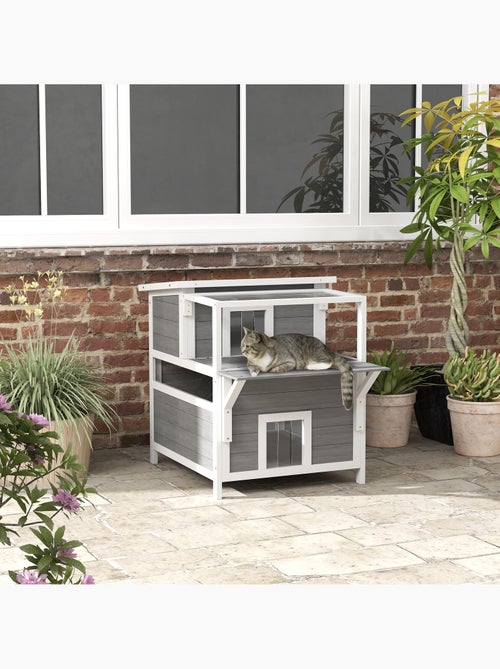 Maison niche chat sur pied 2 niveaux bois gris blanc - Kiabi Maison niche chat sur pied 2 niveaux bois gris blanc - Kiabi