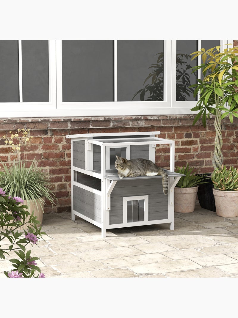 Maison niche chat sur pied 2 niveaux bois gris blanc Gris - Kiabi
