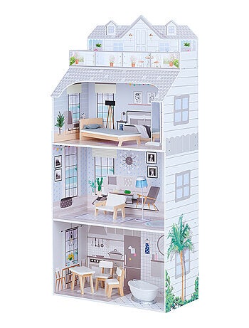 Maison poupée 3 étages bois avec accessoires pour poupées 30 cm