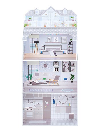 Maison poupée 3 étages bois avec accessoires pour poupées 30 cm