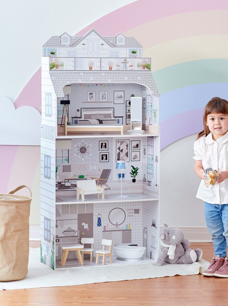 Maison poupée 3 étages bois avec accessoires pour poupées 30 cm Blanc Gris - Kiabi