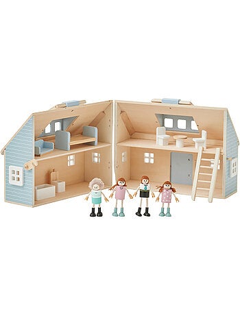 Maison poupée portable bois, 4 pièces, 26cm, Multicolore,
