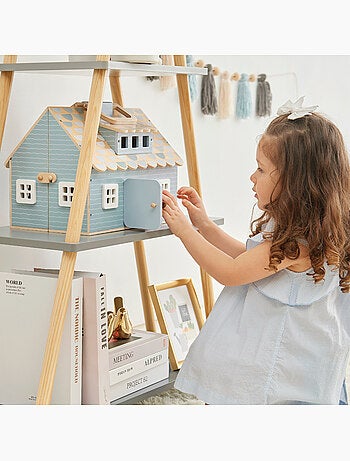 Maison poupée portable bois, 4 pièces, 26cm, Multicolore,