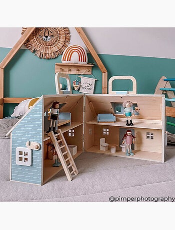 Maison poupée portable bois, 4 pièces, 26cm, Multicolore,