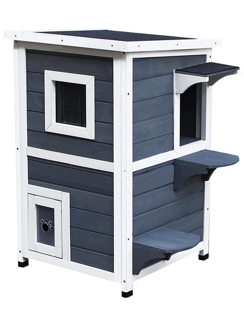 Maisonnette pour chat sur pied 2 niv. bois gris blanc - Kiabi