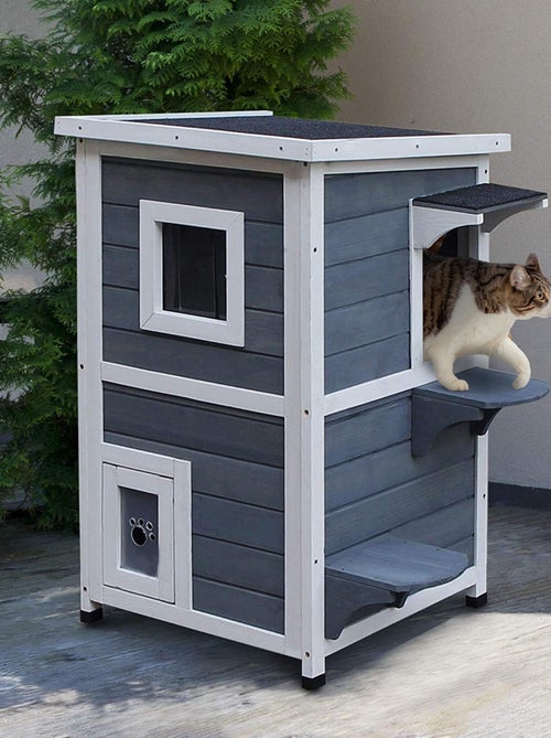 Maisonnette pour chat sur pied 2 niv. bois gris blanc - Kiabi