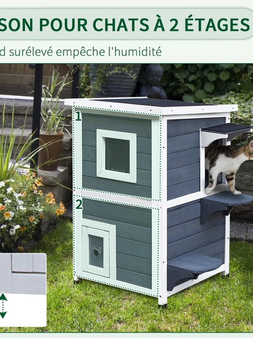 Maisonnette pour chat sur pied 2 niv. bois gris blanc - Kiabi