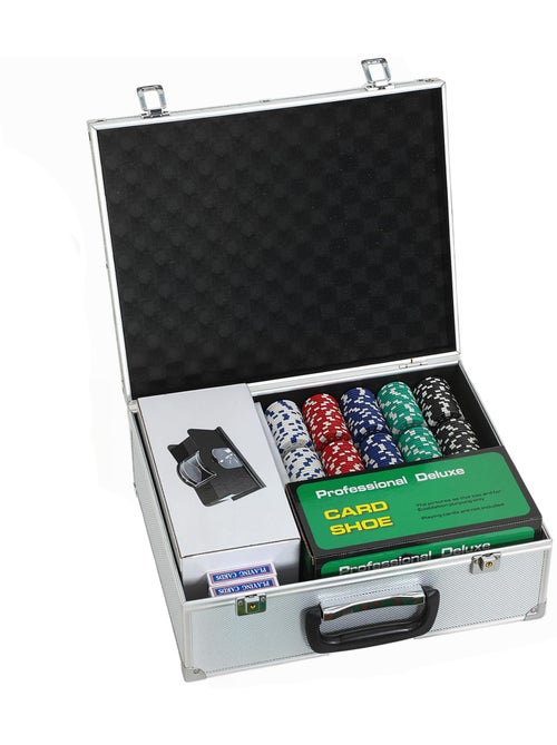 Mallette pro de poker 300 jetons 2 jeux cartes 5 dés 3 boutons sabot mélangeur tapis - Kiabi