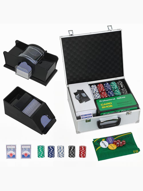 Mallette pro de poker 300 jetons 2 jeux cartes 5 dés 3 boutons sabot mélangeur tapis - Kiabi