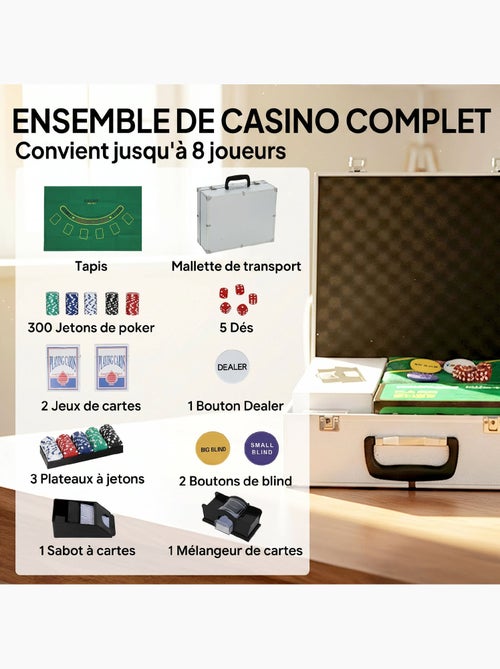 Mallette pro de poker 300 jetons 2 jeux cartes 5 dés 3 boutons sabot mélangeur tapis - Kiabi
