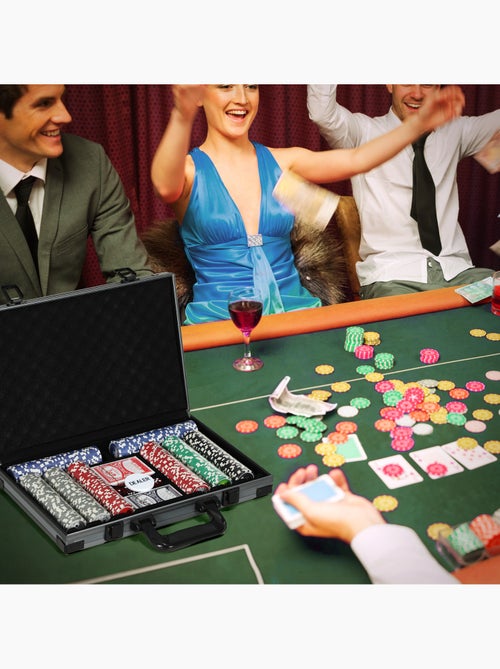 Mallette pro de poker 400 jetons 2 jeux cartes 5 dés bouton tapis alu - Kiabi