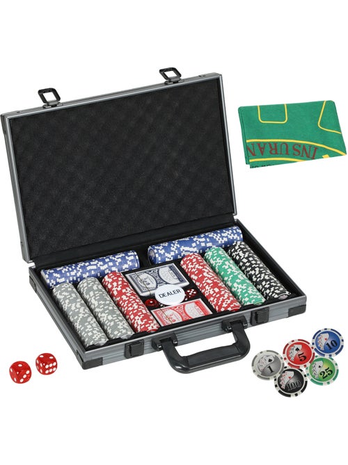 Mallette pro de poker 400 jetons 2 jeux cartes 5 dés bouton tapis alu - Kiabi