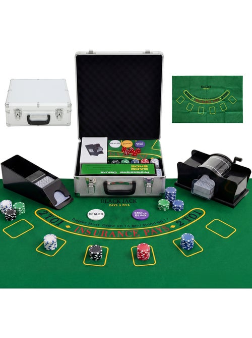 Mallette pro de poker 500 jetons 2 jeux cartes 5 dés 3 boutons sabot mélangeur tapis alu - Kiabi