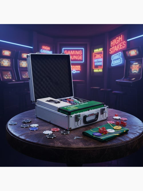 Mallette pro de poker 500 jetons 2 jeux cartes 5 dés 3 boutons sabot mélangeur tapis alu - Kiabi