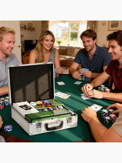 Mallette pro de poker 500 jetons 2 jeux cartes 5 dés 3 boutons sabot mélangeur tapis alu - Kiabi