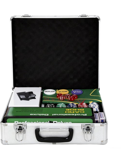 Mallette pro de poker 500 jetons 2 jeux cartes 5 dés 3 boutons sabot mélangeur tapis alu - Kiabi
