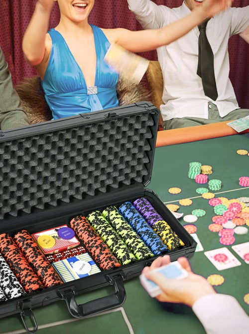 Mallette pro de poker coffret pro poker 500 jetons 2 jeux cartes 5 dés 3 boutons aluminium noir - Kiabi