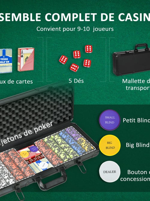 Mallette pro de poker coffret pro poker 500 jetons 2 jeux cartes 5 dés 3 boutons aluminium noir - Kiabi