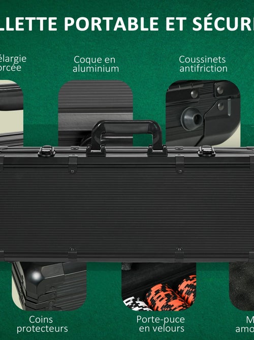 Mallette pro de poker coffret pro poker 500 jetons 2 jeux cartes 5 dés 3 boutons aluminium noir - Kiabi