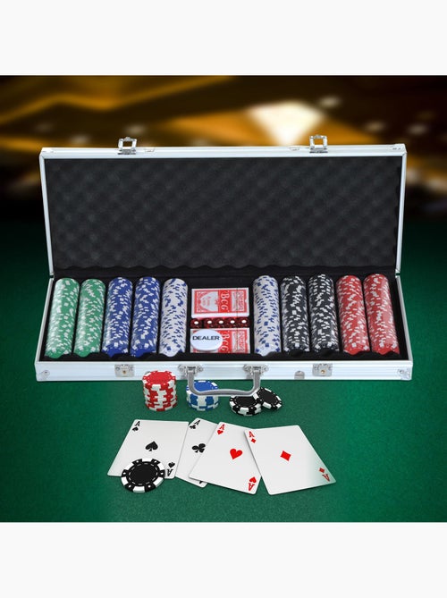 Mallette professionnelle de poker 500 jetons 2 jeux de cartes 5 dés bouton dealer 2 clés alu - Kiabi