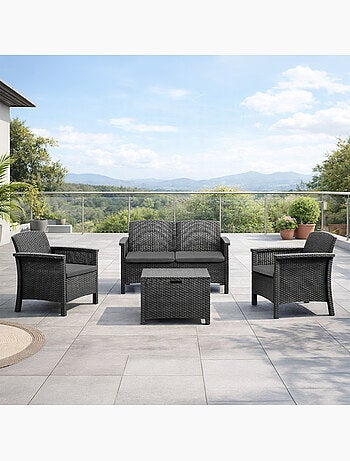 MANIZA Salon de jardin 4 places effet résine tressée gris anthracite avec table basse