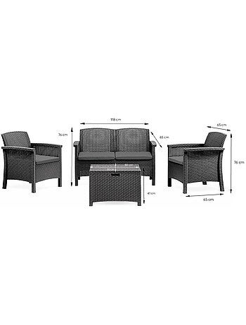 MANIZA Salon de jardin 4 places effet résine tressée gris anthracite avec table basse