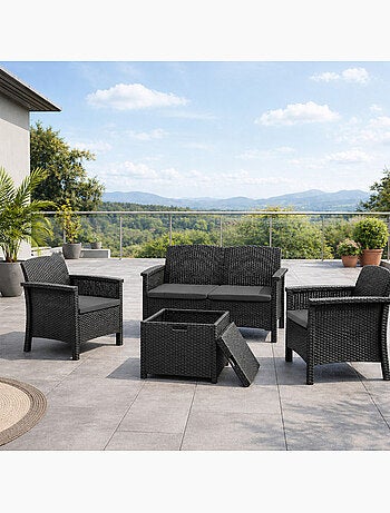 MANIZA Salon de jardin 4 places effet résine tressée gris anthracite avec table basse