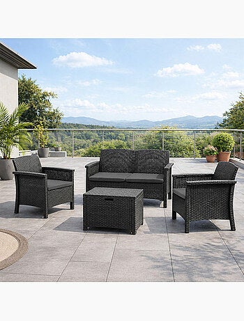 MANIZA Salon de jardin 4 places effet résine tressée gris anthracite avec table basse