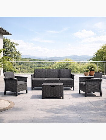MANIZA Salon de jardin 5 places effet résine tressée gris anthracite avec table basse