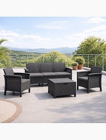 MANIZA Salon de jardin 5 places effet résine tressée gris anthracite avec table basse
