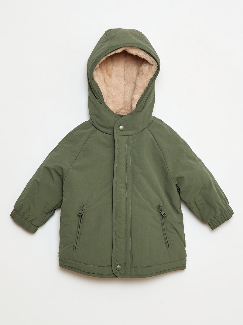 Manteau à capuche doublé fausse fourrure Vert - Kiabi
