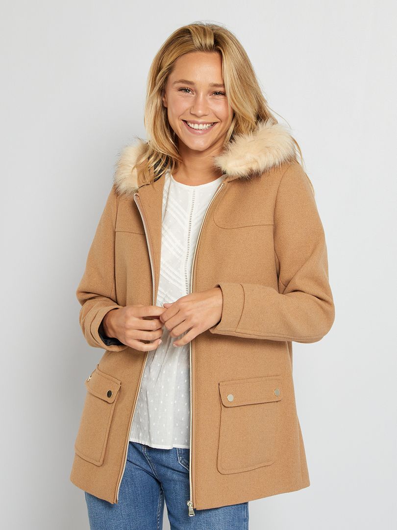 Manteau à capuche en lainage beige - Kiabi