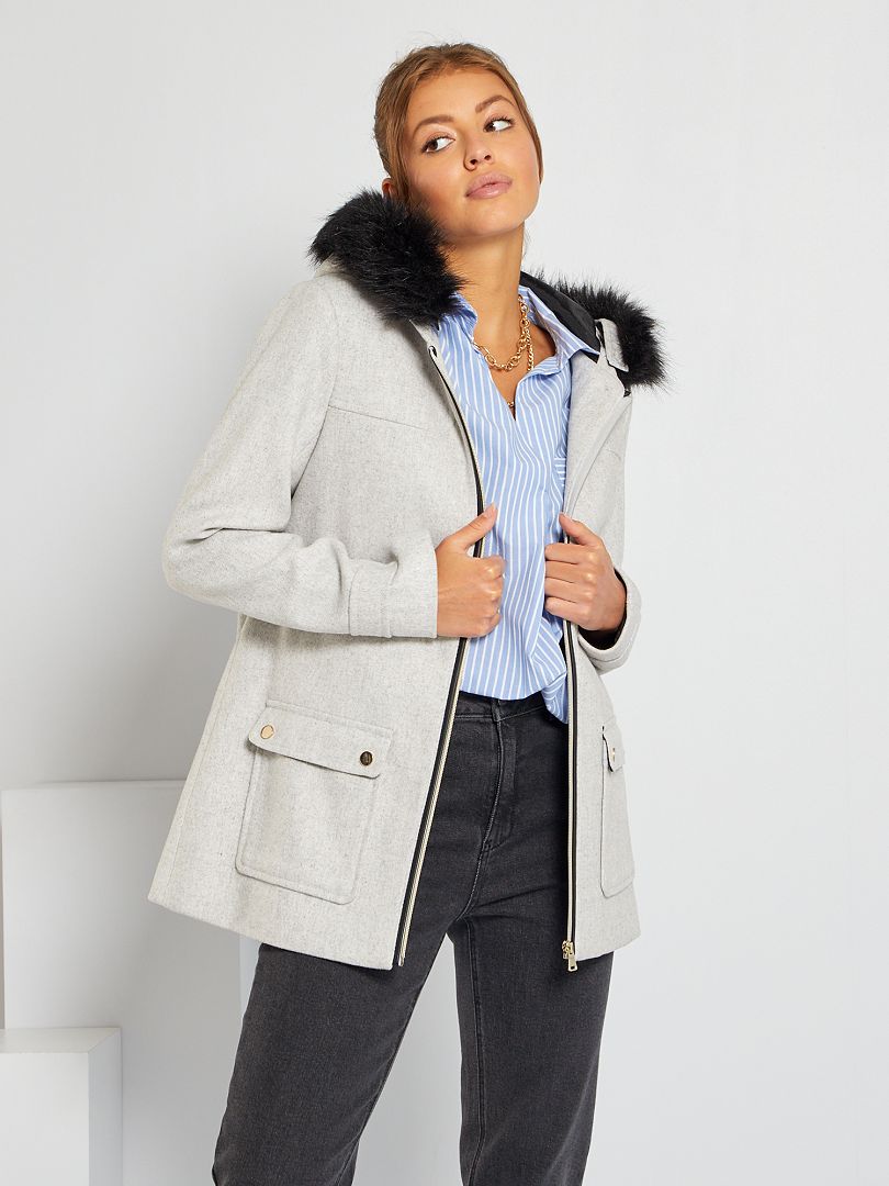 Manteau à capuche en lainage gris chiné - Kiabi