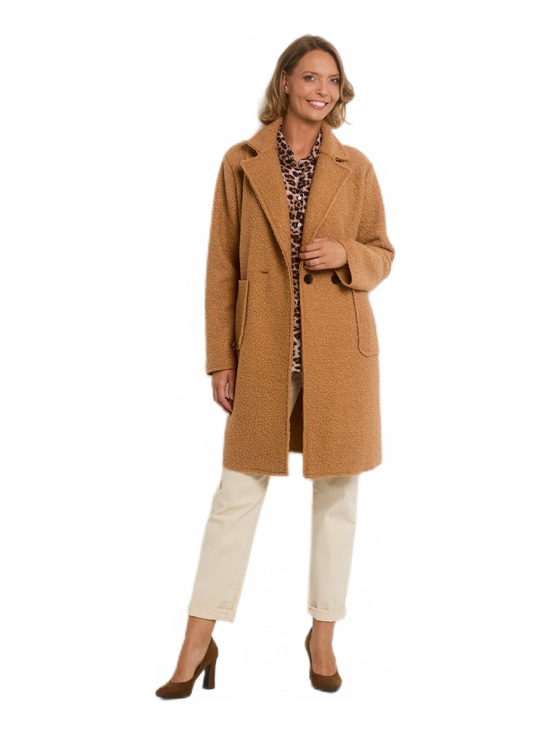 Manteau bouclette tendance col tailleur Camel - Kiabi