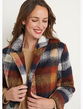 Manteau caban chaud tissu carreaux laine
