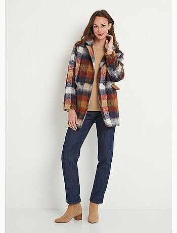 Manteau caban chaud tissu carreaux laine