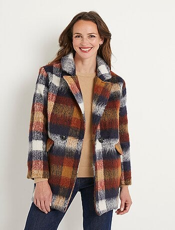 Manteau caban chaud tissu carreaux laine