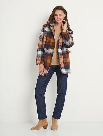 Manteau caban chaud tissu carreaux laine